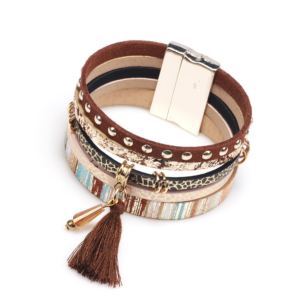 Wholesale Fashion Multi-layer Tassel Leather Magnetic Buckle Bracelet